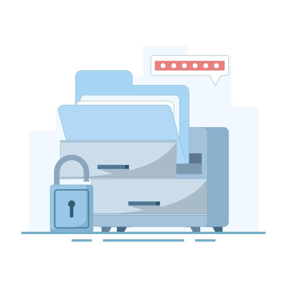 Online Storage Concept, storing Files and folders on online server, Safer online storage space, document files, management files, secure database, Flat cartoon illustration in background. vector