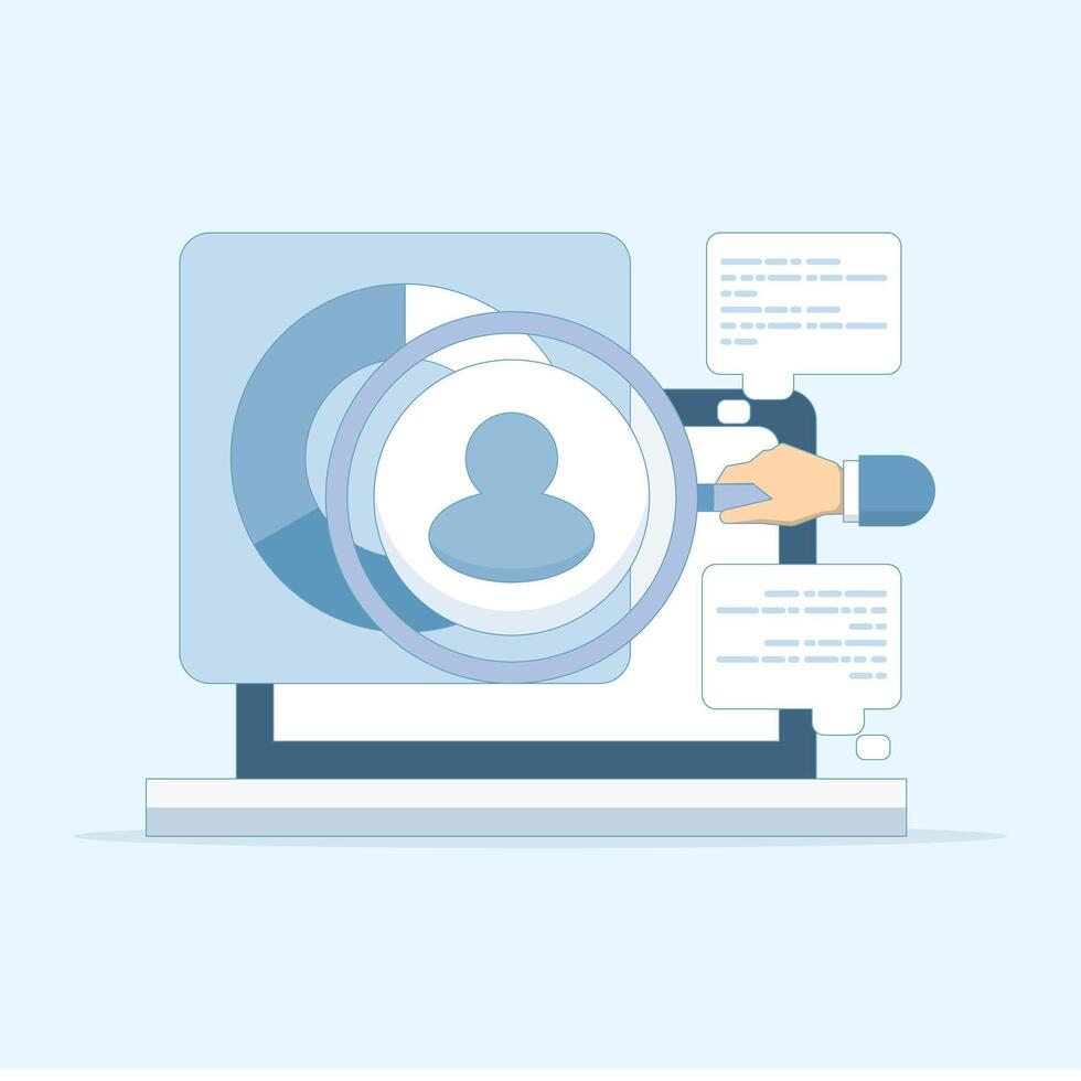 Marketing analysis and development concept. Getting to know customers better. Using a magnifying glass to view customer reviews. Business statistics graph analysis. Flat design. vector