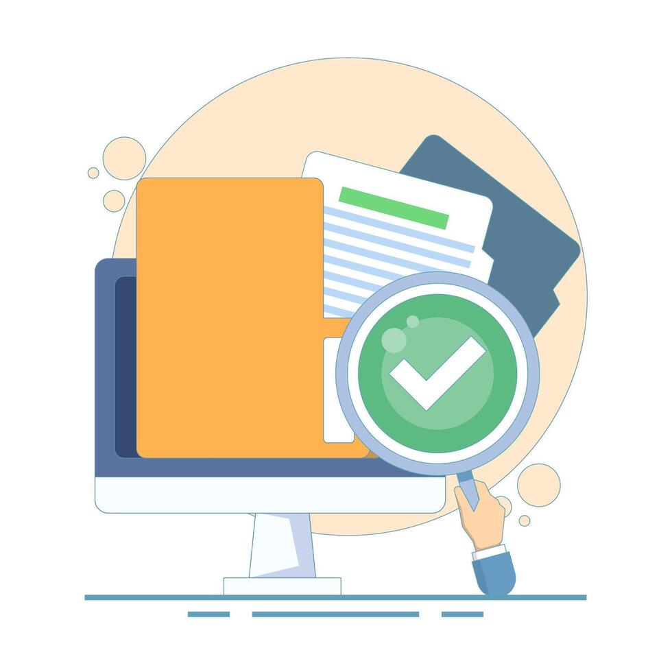 Document Verification Implementation Concept. identification or job consultation in business. document inspection assessment, Document with Magnifying Glass and Check Mark. flat cartoon illustration. vector