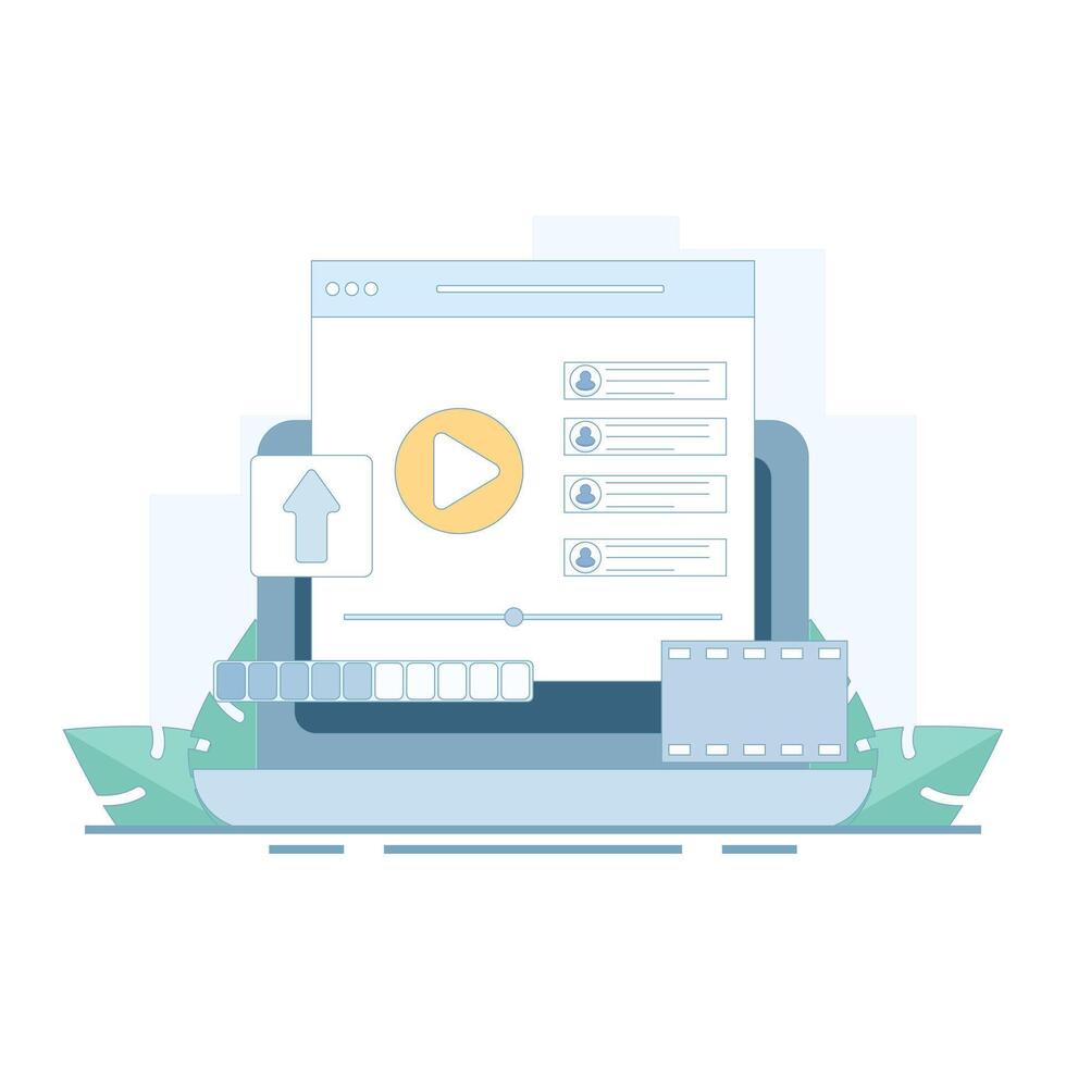 upload illustration for Streaming Platform, internet users upload videos, streaming files. Social, and Content Sharing. Flat design illustration in the background. vector