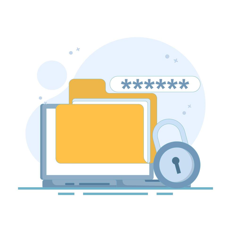 Illustration of locked file folder with password and fingerprint for privacy access. File security and safety. Folder lock app or software. Putting password on document. Flat style illustration. vector