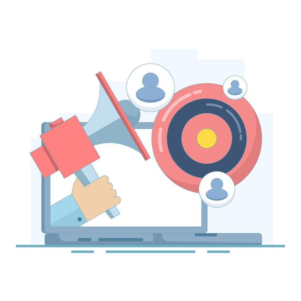 SMM scene concept. social media marketing. laptop used for working with SMM. community, , viral, social media, content, mobile and marketing. Flat illustration on background. vector