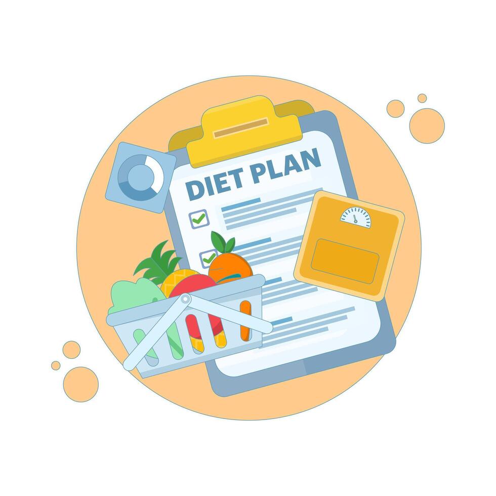 flat design illustration of following a diet plan with healthy foods. featuring fruits and vegetables, symbolizing a healthy eating plan. healthy and regular spirit. improving health and nutrition. vector