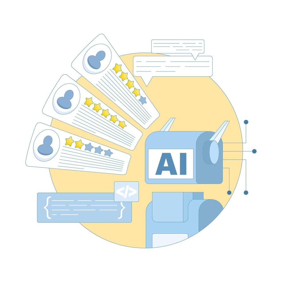 utilizando ai a analizar comentario. analizando cliente comentarios a mejorar producto calidad desarrollo. dando cinco estrellas reseñas utilizando artificial inteligencia para cliente satisfacción. plano estilo. vector
