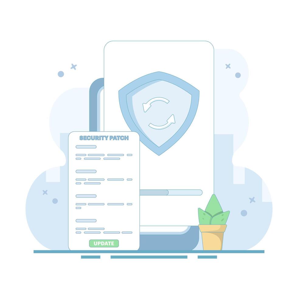 Smartphone Security Data Update Concept for Cyber Security. Phone undergoing security update, Device updating security, flat illustration on white background vector