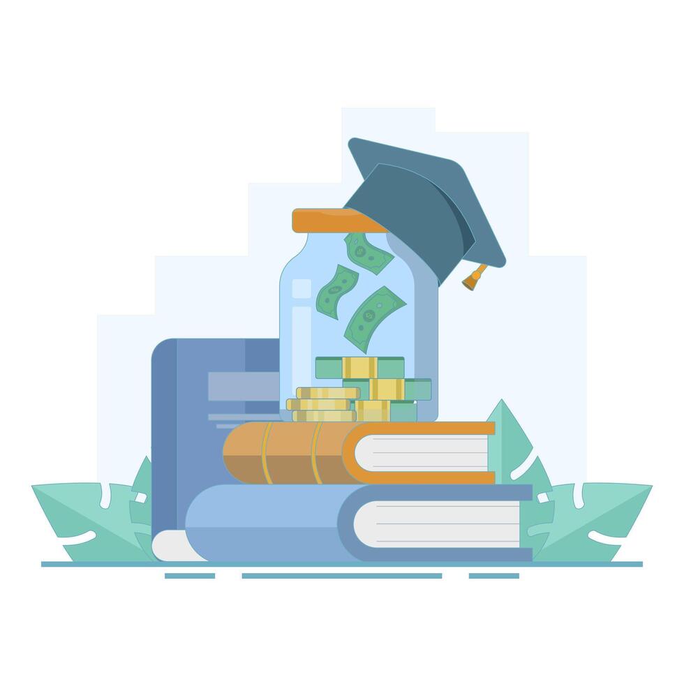 Education money budget concept. Investing money in education, university and college tuition fees. Money for education and knowledge. Financial education. Flat illustration on vector
