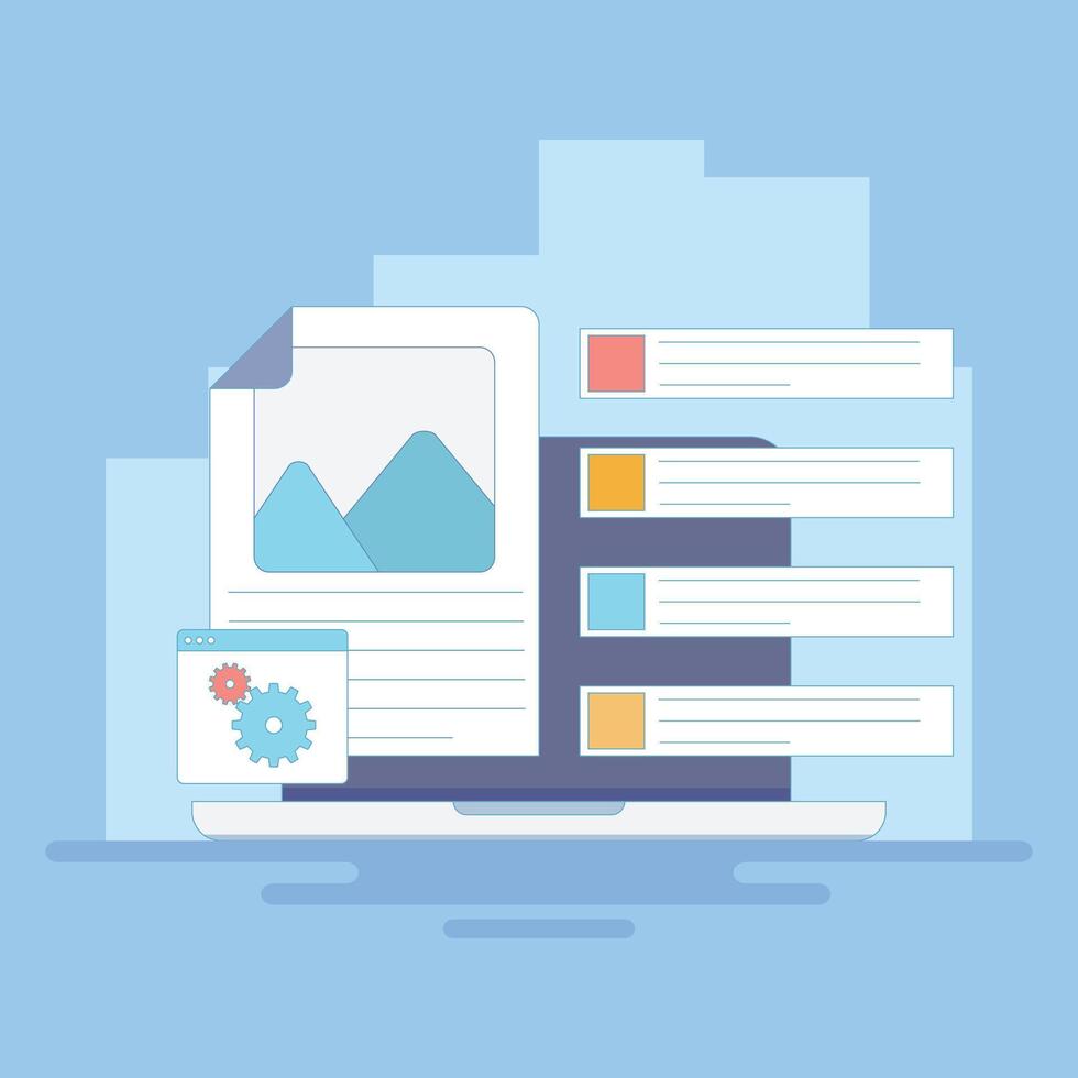 marketing analysis concept, Content Management System, CMS Software, content optimization with header tags. CMS for websites and blogs, business data management. flat cartoon style design illustration vector