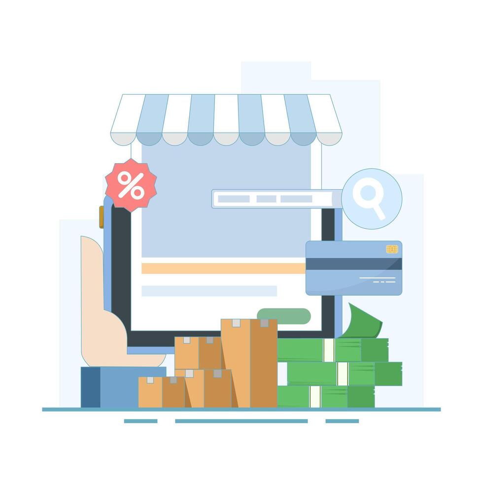 online shopping concept. add to cart and check out with mobile app, commerce, purchase and payment via mobile app. flat illustration on background. vector
