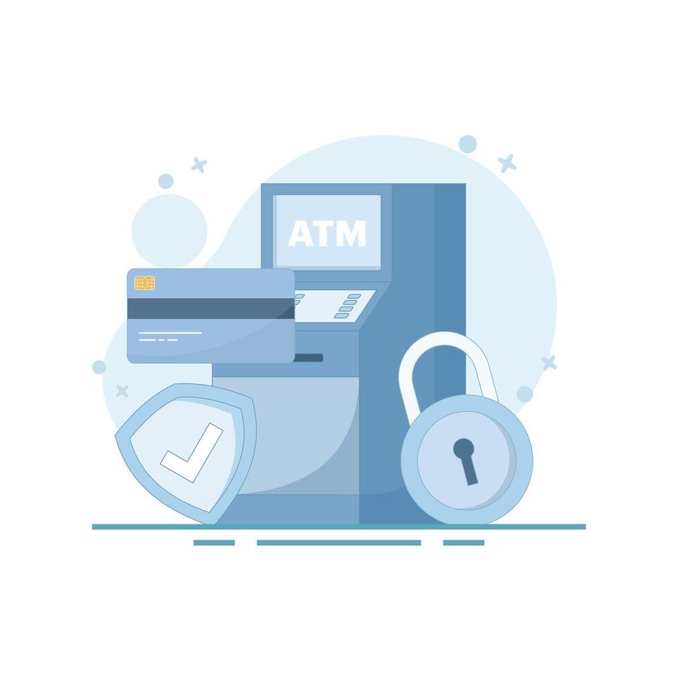 ATM card security system concept, protect card from theft and hacking. Account balance protection. Make online payments and secure banking passwords, account lock. Flat design illustration. vector