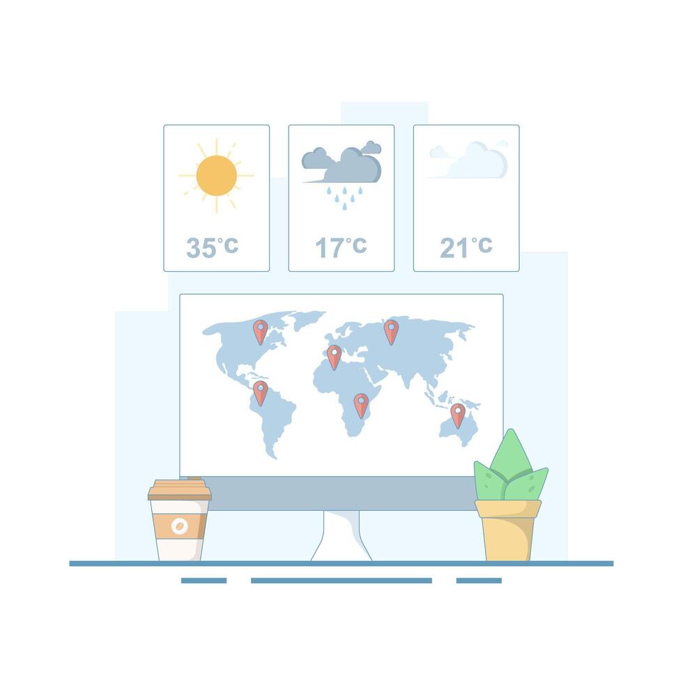 Online weather forecast concept. Weather with sun, clouds, thunderstorms, rain. Meteorology that studies and researches weather and climate conditions on earth. Meteorology science. simple design. vector