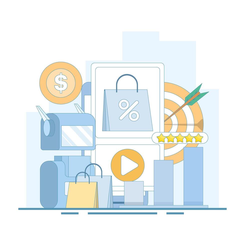 Promotion and advertising concepts. Use of artificial intelligence tools for content creation on social media, business and communication strategies. Digital marketing, Flat cartoon design vector