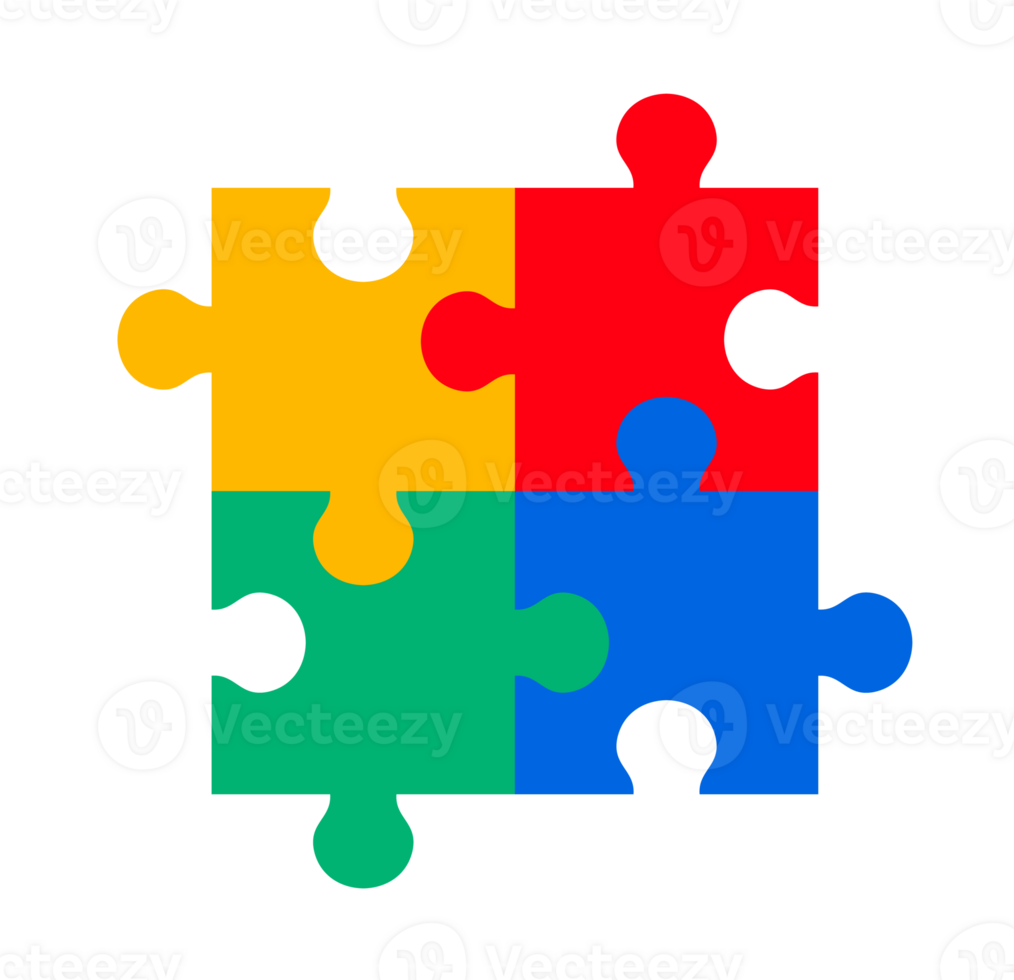 Grouped colorful puzzle pieces. Four interlocking puzzle pieces in yellow, red, green, and blue, symbolizing connection, problem-solving, and autism awareness. autism icon. png