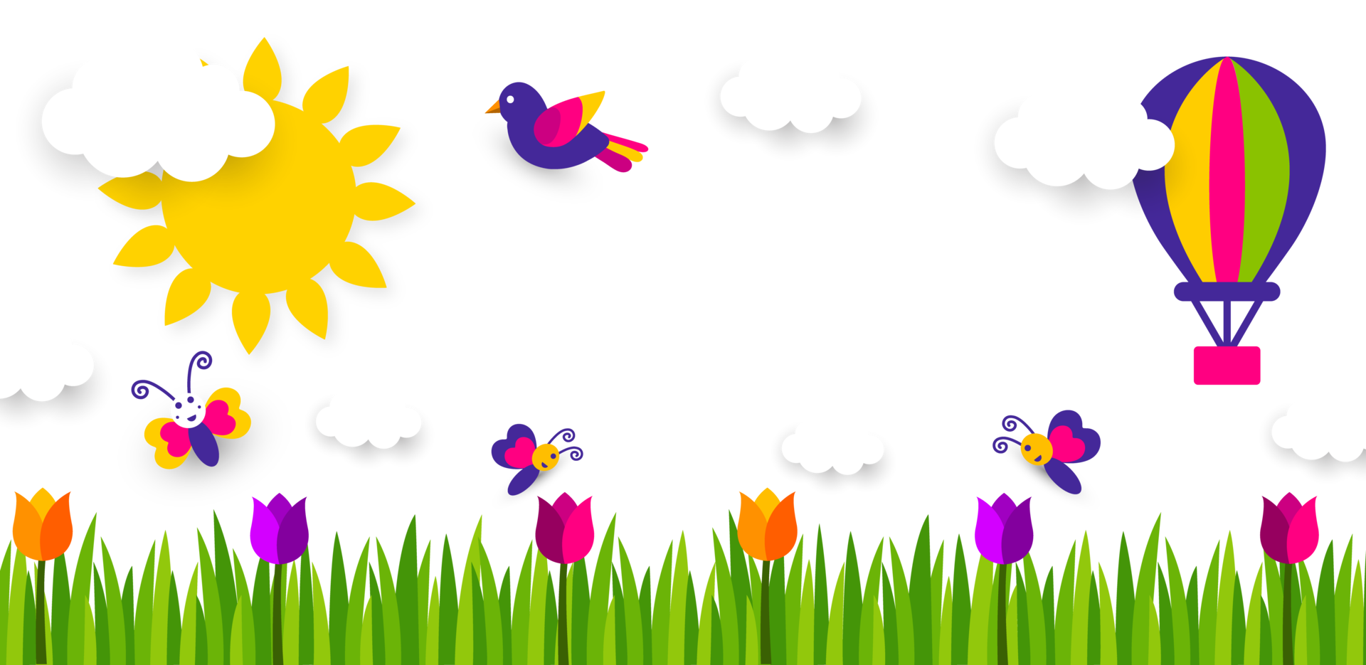 Whimsical summer landscape with hot air balloons. A playful graphic depicting a sunny sky with clouds, sun, birds, hot air balloons, and a field of tulips, symbolizing summer, travel, and joy. png