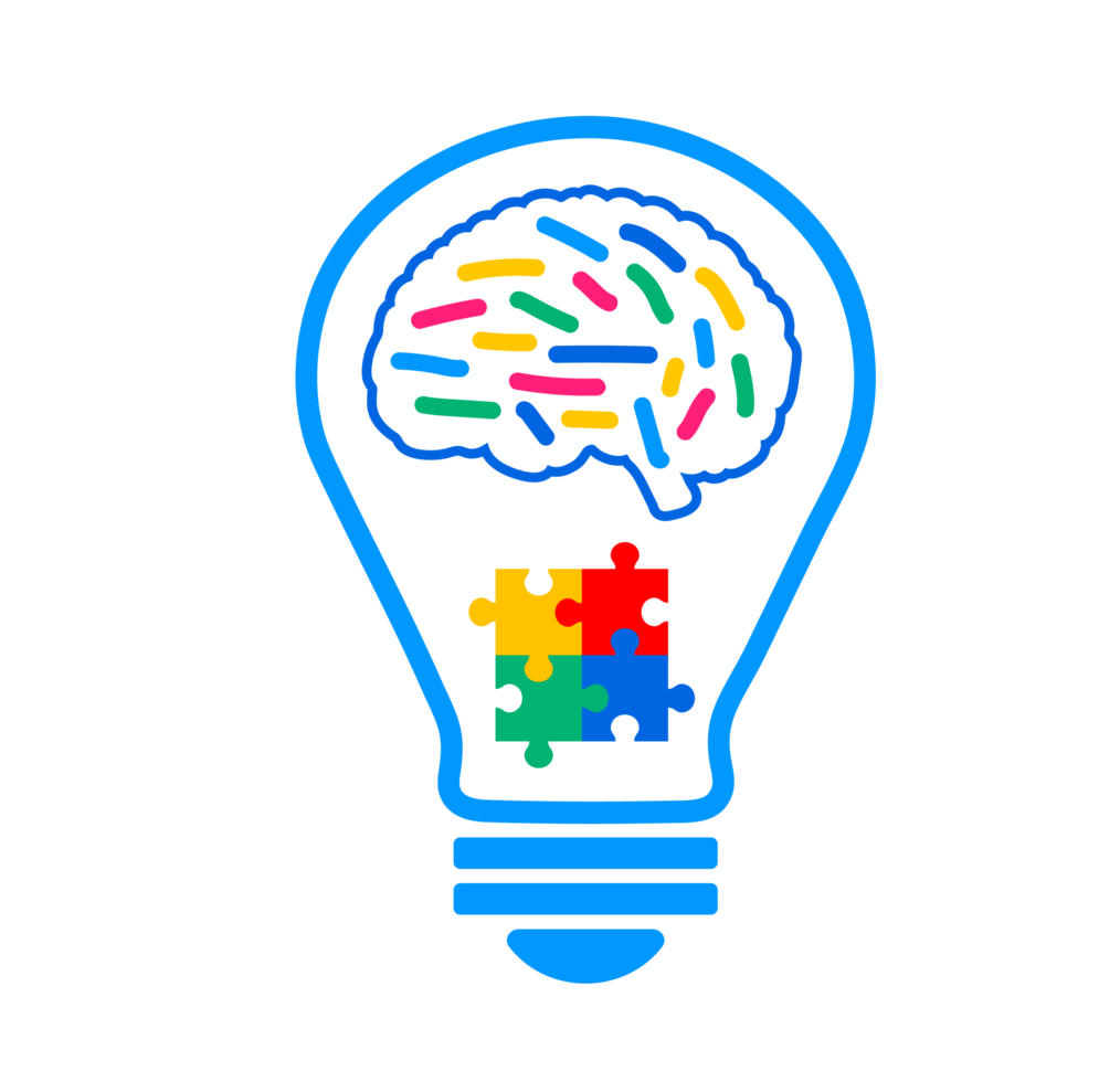 Idea light bulb with brain puzzle. A stylized blue light bulb with a colorful brain composed of puzzle pieces inside, symbolizing innovative ideas, intelligence, and neurological insight. png