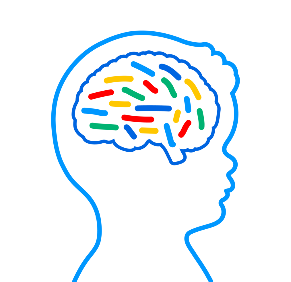 Brain outline with colorful segments A blue outline of a human brain filled with colorful horizontal and diagonal bars, symbolizing neurology, cognitive diversity, or mental health. png