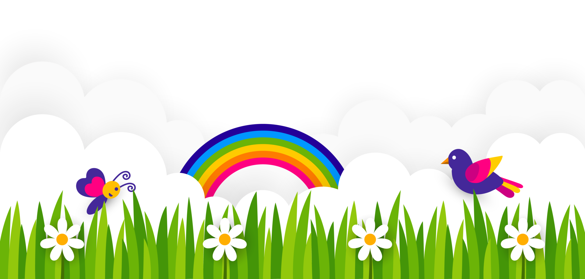 Green landscape with rainbow and flowers. A graphic depicting a lush green field with white flowers, birds, butterflies, clouds, and a rainbow arc, symbolizing nature, spring, and environmental png