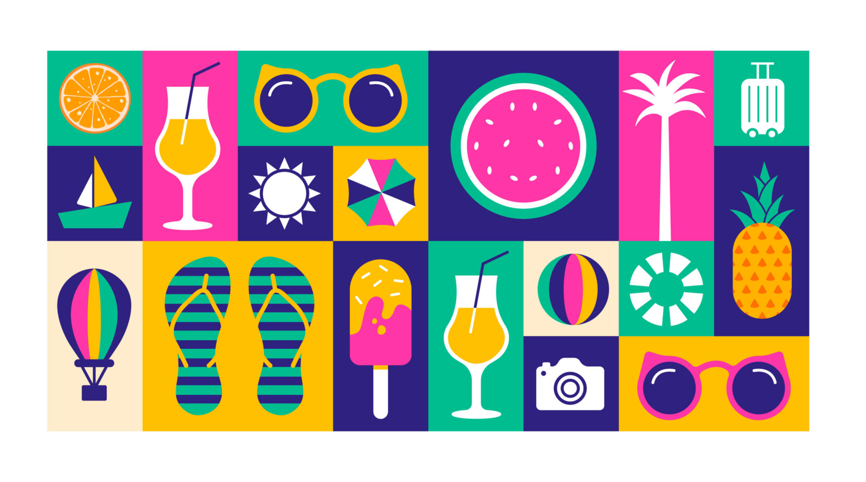 Summer holiday flat design icons. A grid of diverse, colorful icons representing summer holidays, including sunglasses, flip-flops, cocktails, and fruit, symbolizing leisure and vacation. png