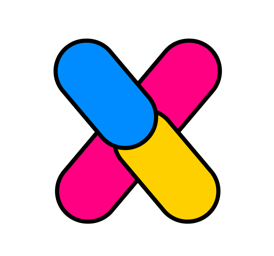 Colorful stylized letter X icon. A vibrant graphic of the uppercase letter X, composed of rounded, overlapping segments in pink, blue, and yellow, with a prominent black outline, on a transparent png