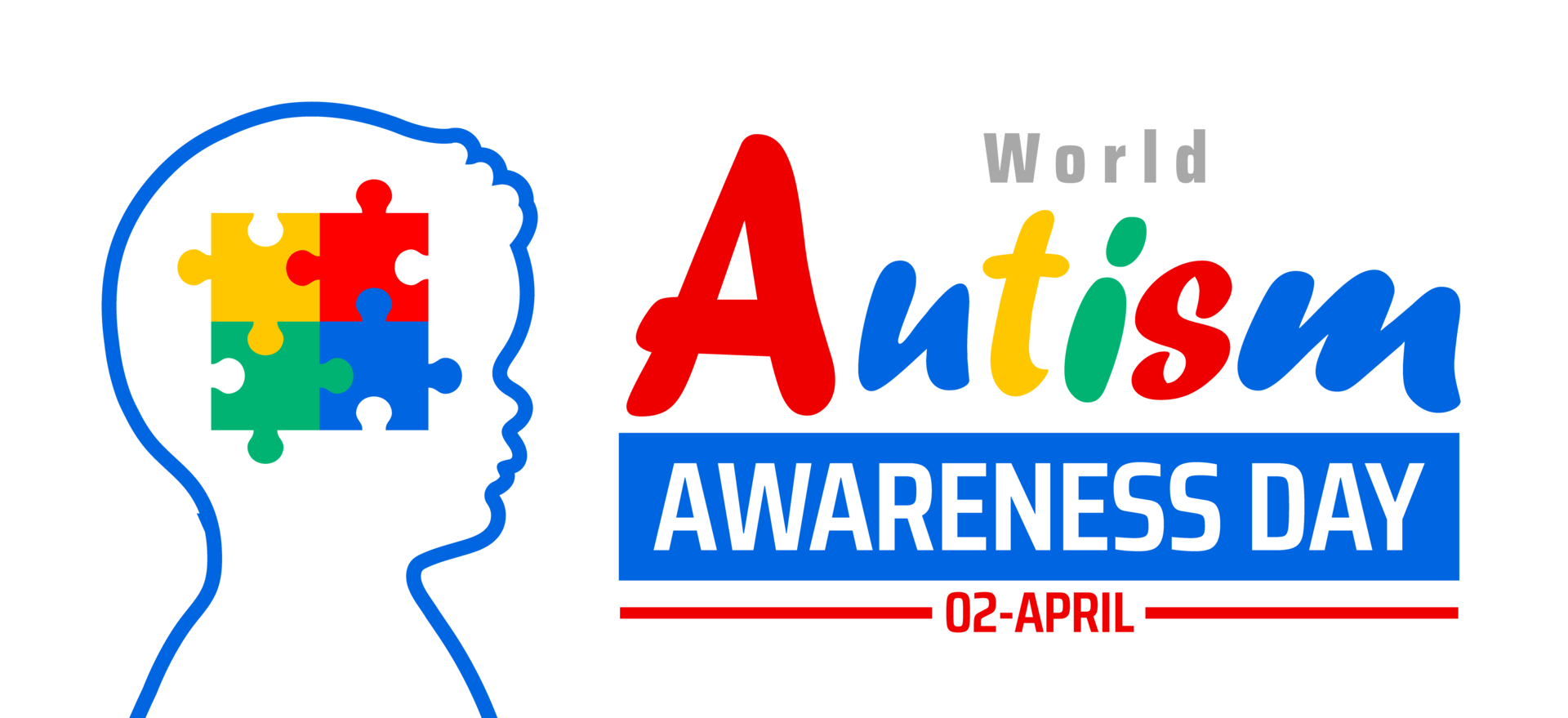 World Autism Awareness Day graphic. A graphic featuring a profile of a head with a puzzle piece brain, text World Autism Awareness Day and 02 APRIL, symbolizing autism awareness and support. png