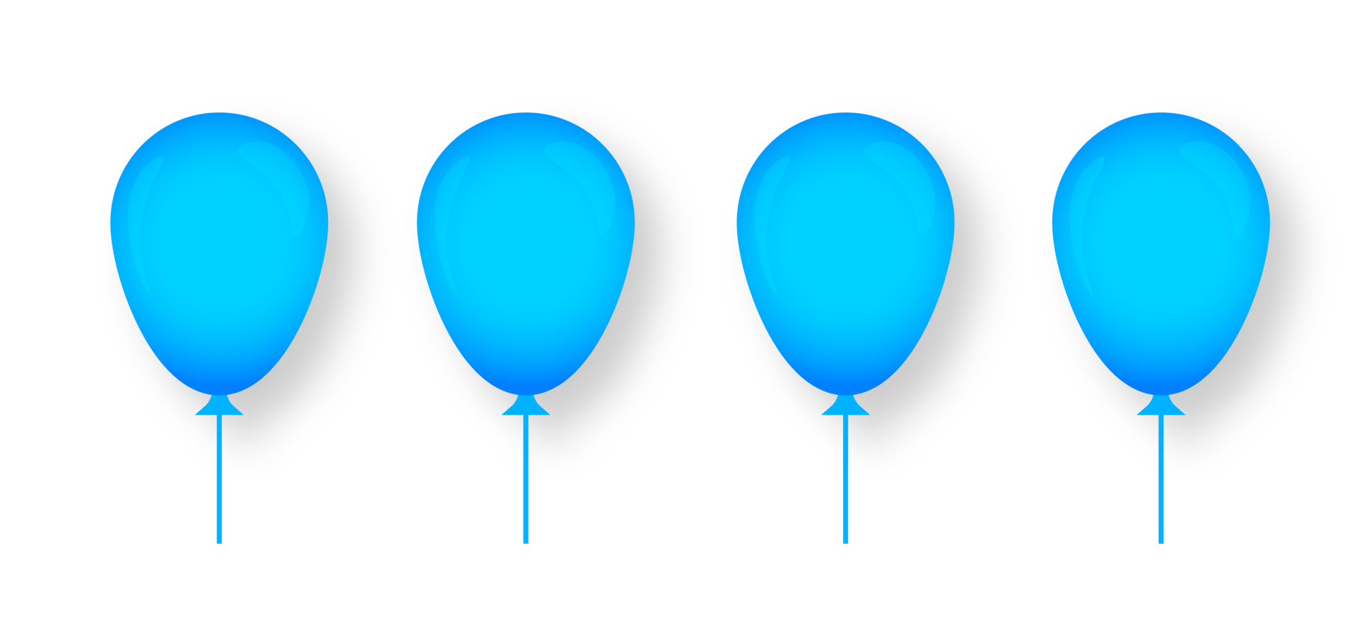 Four minimalist blue balloons. A row of four solid blue, minimalist balloons with subtle shading, representing celebration, lightness, or festive occasions. png
