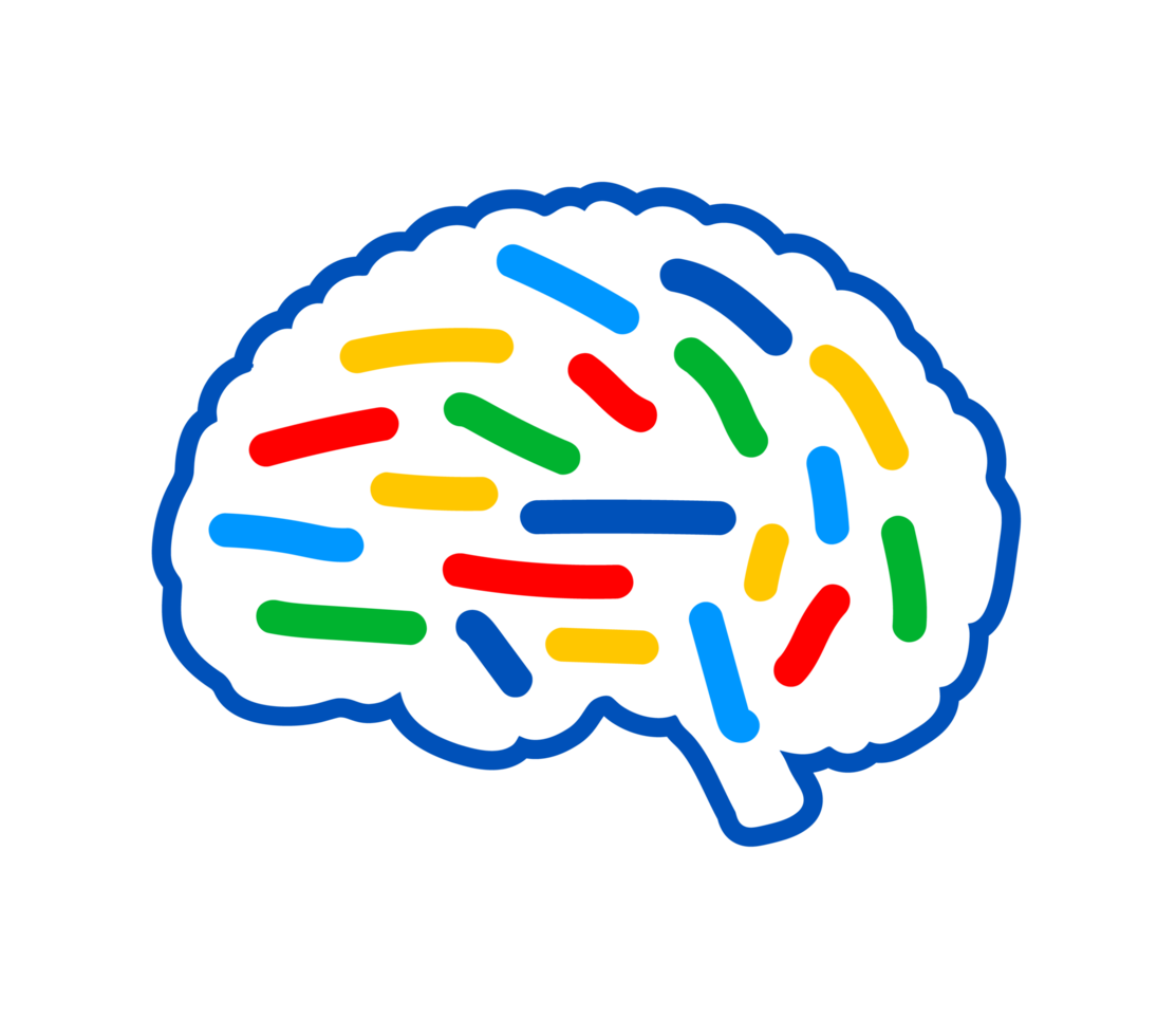 Brain outline with colorful segments. A blue outline of a human brain filled with colorful horizontal and diagonal bars, symbolizing neurology, cognitive diversity, or mental health. png