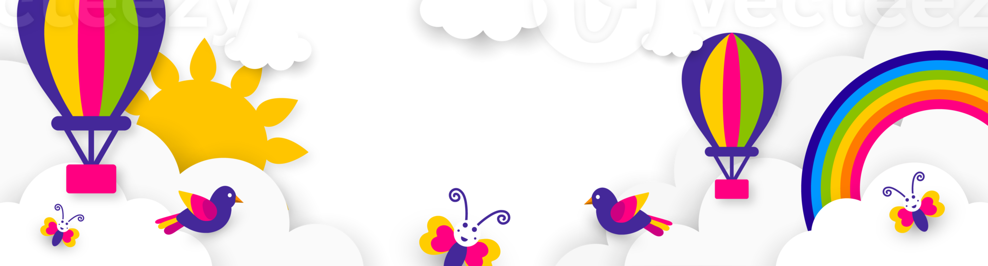 Summer landscape with hot air balloons and rainbow. A whimsical graphic depicting a partial view of a sunny sky with clouds, hot air balloons, and a rainbow, symbolizing summer, joy. png