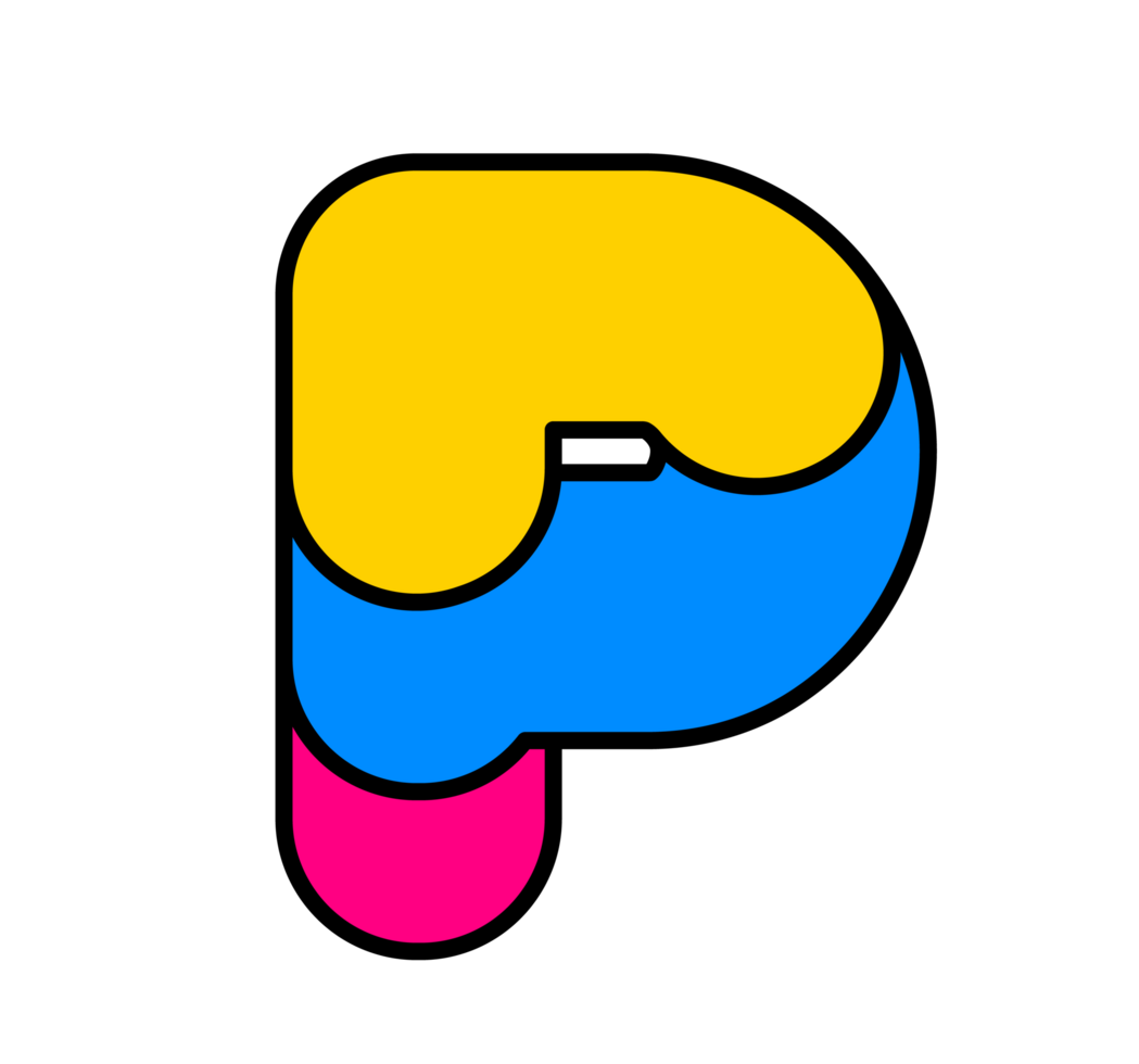 Dynamic and Playful P Letter Logo Design with Rounded Yellow, Blue, and Pink Overlapping Geometric Shapes png
