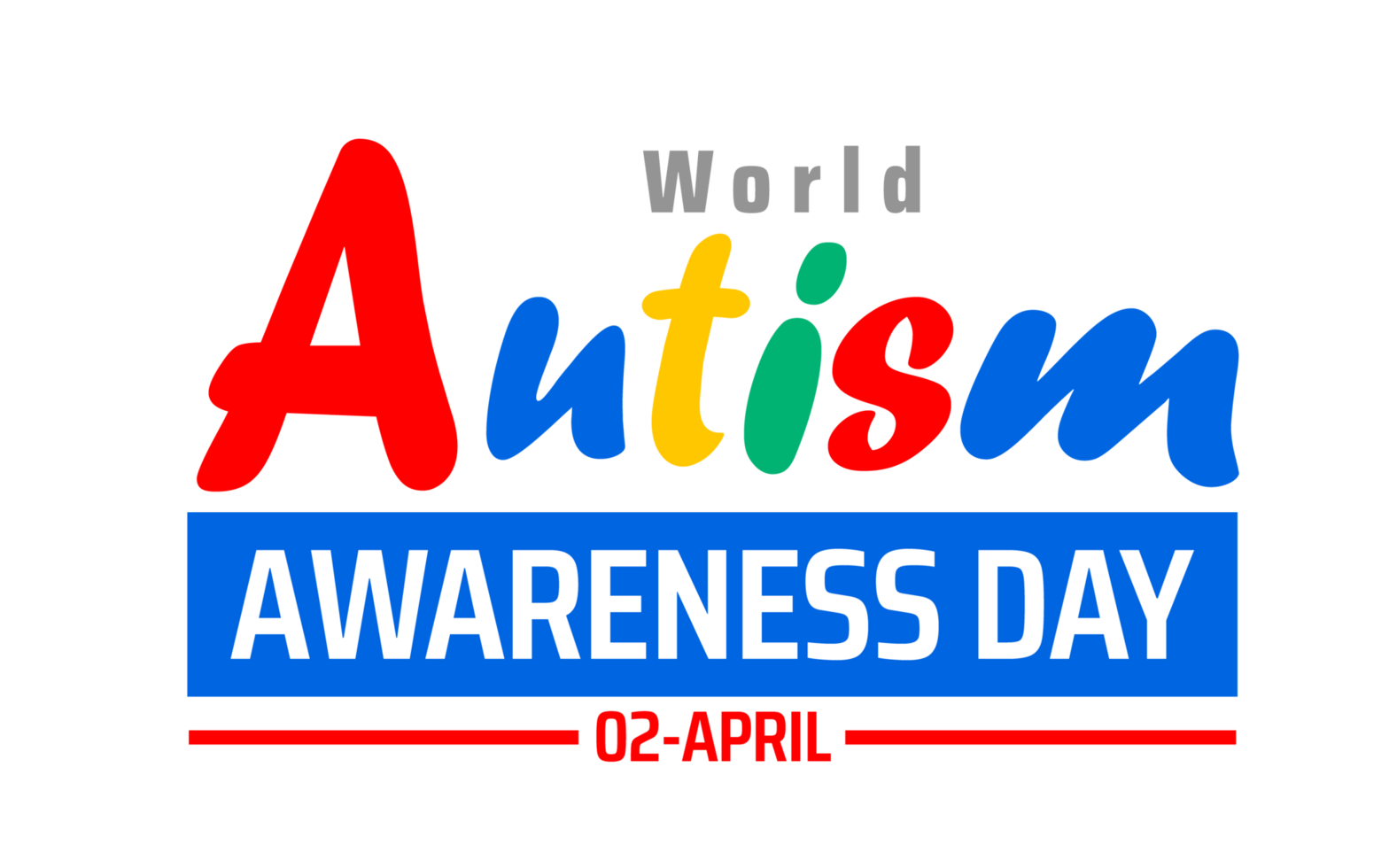 World Autism Awareness Day text graphic. Bold Autism text in red and blue, with World and AWARENESS DAY and 02 APRIL, symbolizing global autism awareness png