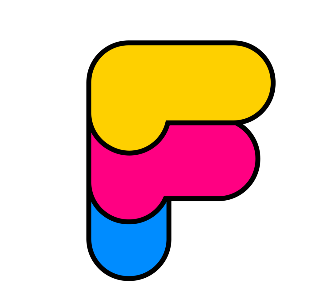 Bold and Playful F Letter Logo Design with Rounded Yellow, Pink, and Blue Overlapping Geometric Elements png