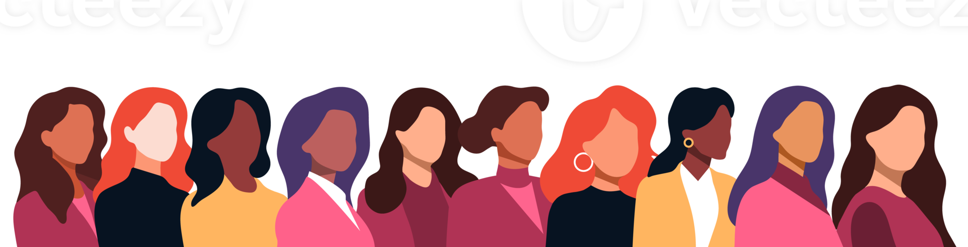 Horizontal row of diverse women. A long graphic banner featuring a diverse group of stylized women of varying ethnicities and hair colors, symbolizing female community, inclusivity, and solidarity png