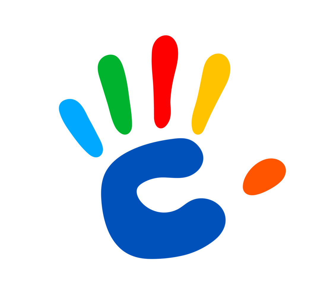 Colorful handprint symbol. A stylized blue handprint with each finger a different vibrant color red, yellow, green, blue, symbolizing diversity, inclusion, and human connection png