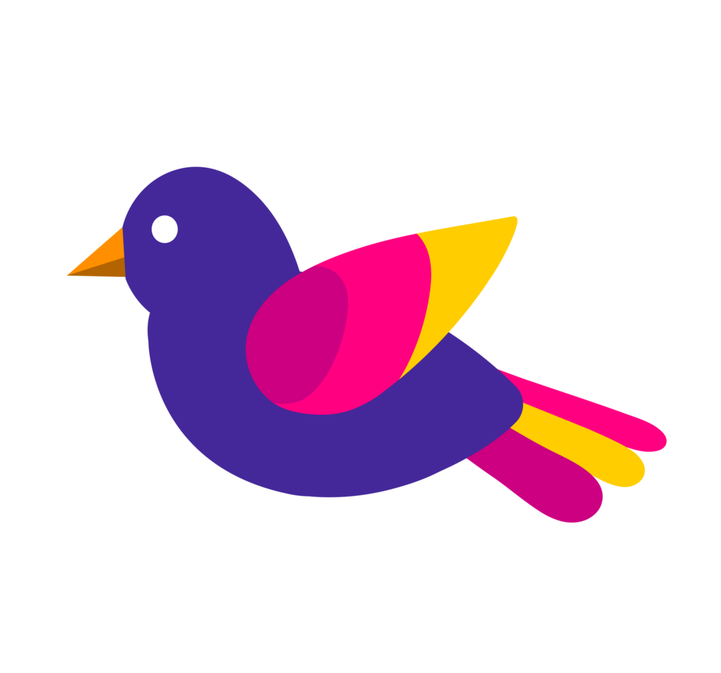 Stylized purple bird. A graphic of a flying bird with a purple body and pink and yellow wings, symbolizing freedom, nature, or abstract design. png
