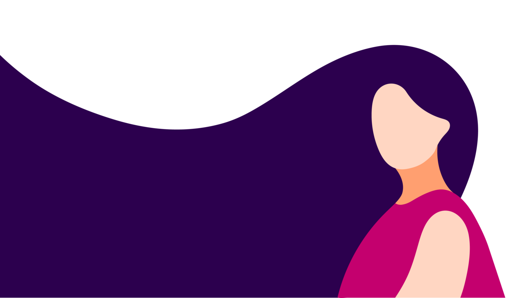 Abstract woman with extremely long wavy hair. A minimalist graphic of a woman's profile with exceptionally long, dark purple, wavy hair extending across the frame, symbolizing dramatic beauty, png