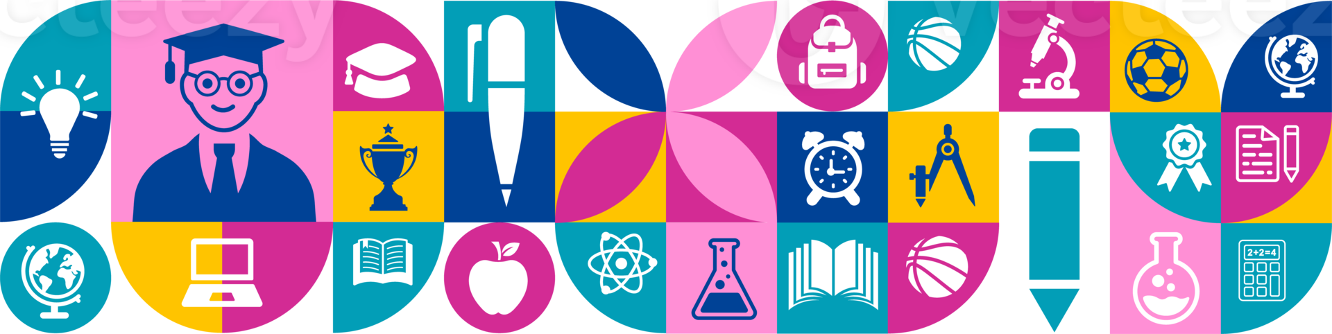 back to school education geometric shape college pattern background. A vibrant collection of minimalist white silhouette icons png