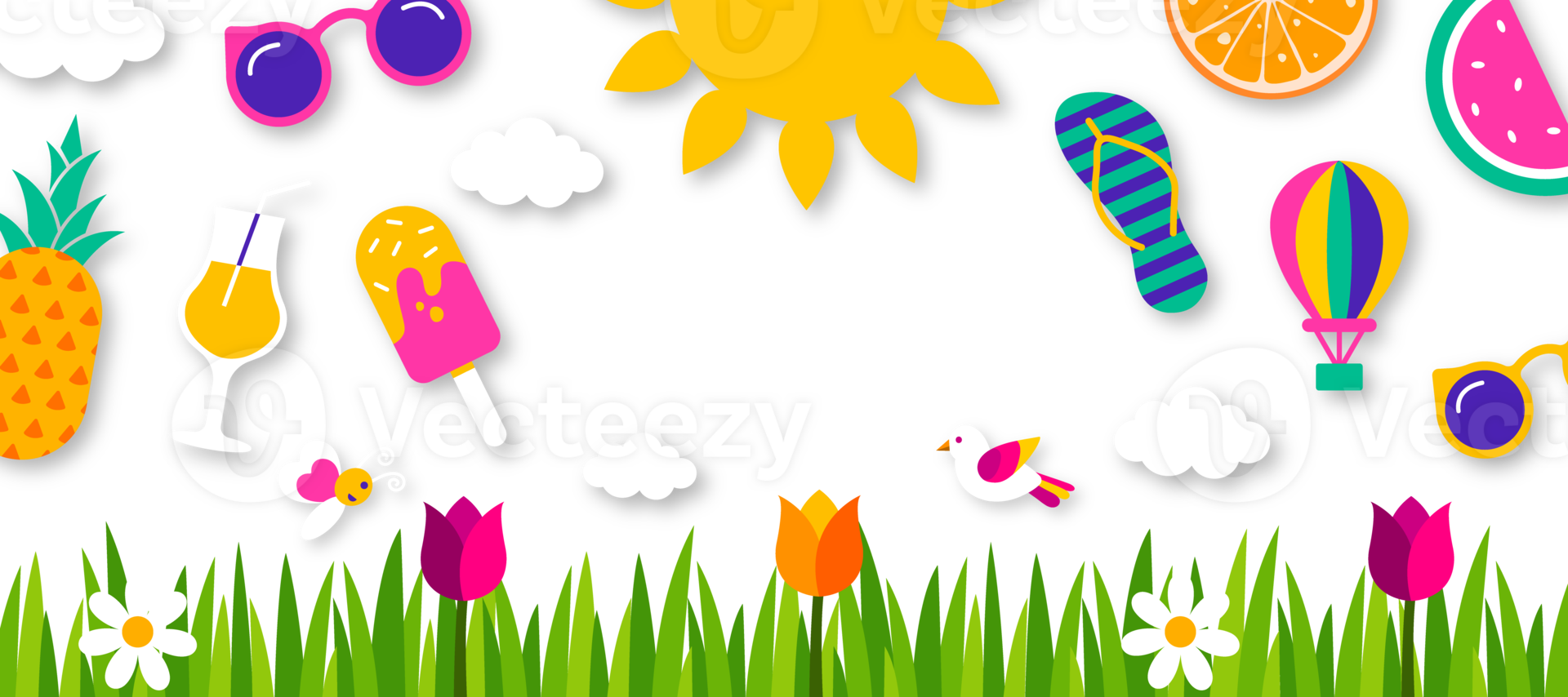 Summer items border with fruits and glasses. A vibrant graphic border featuring sunglasses, flip-flops, ice cream, pineapple, citrus slices, and flowers, symbolizing summer holidays and refreshing png