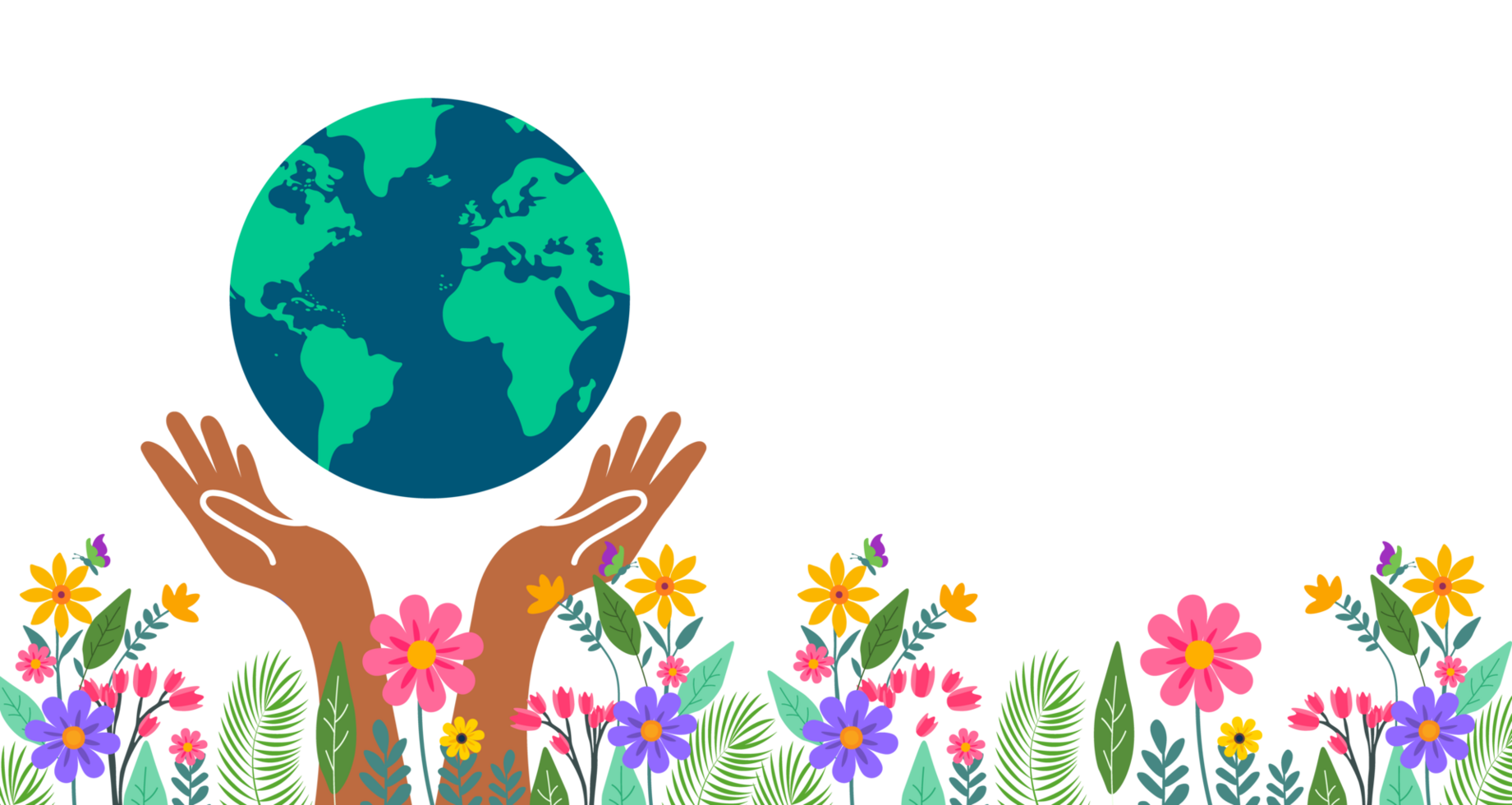 Hands cradling Earth with floral border. Two hands gently holding a blue and green Earth globe, bordered by colorful flowers, representing global care, environmental protection. png