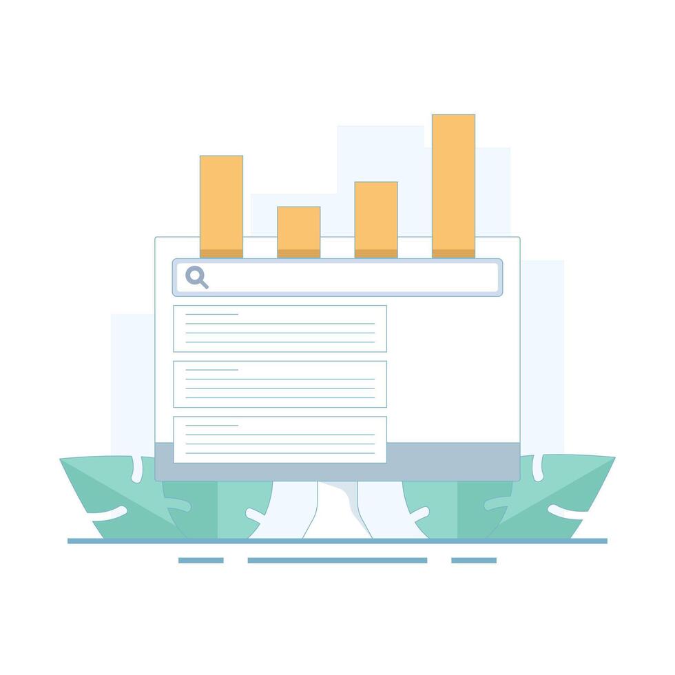 SEO optimization concept. Website SEO keyword optimization, Most popular searches. Trending topics. Website SEO, Top bar chart with search bar. Simple flat illustration on background. vector