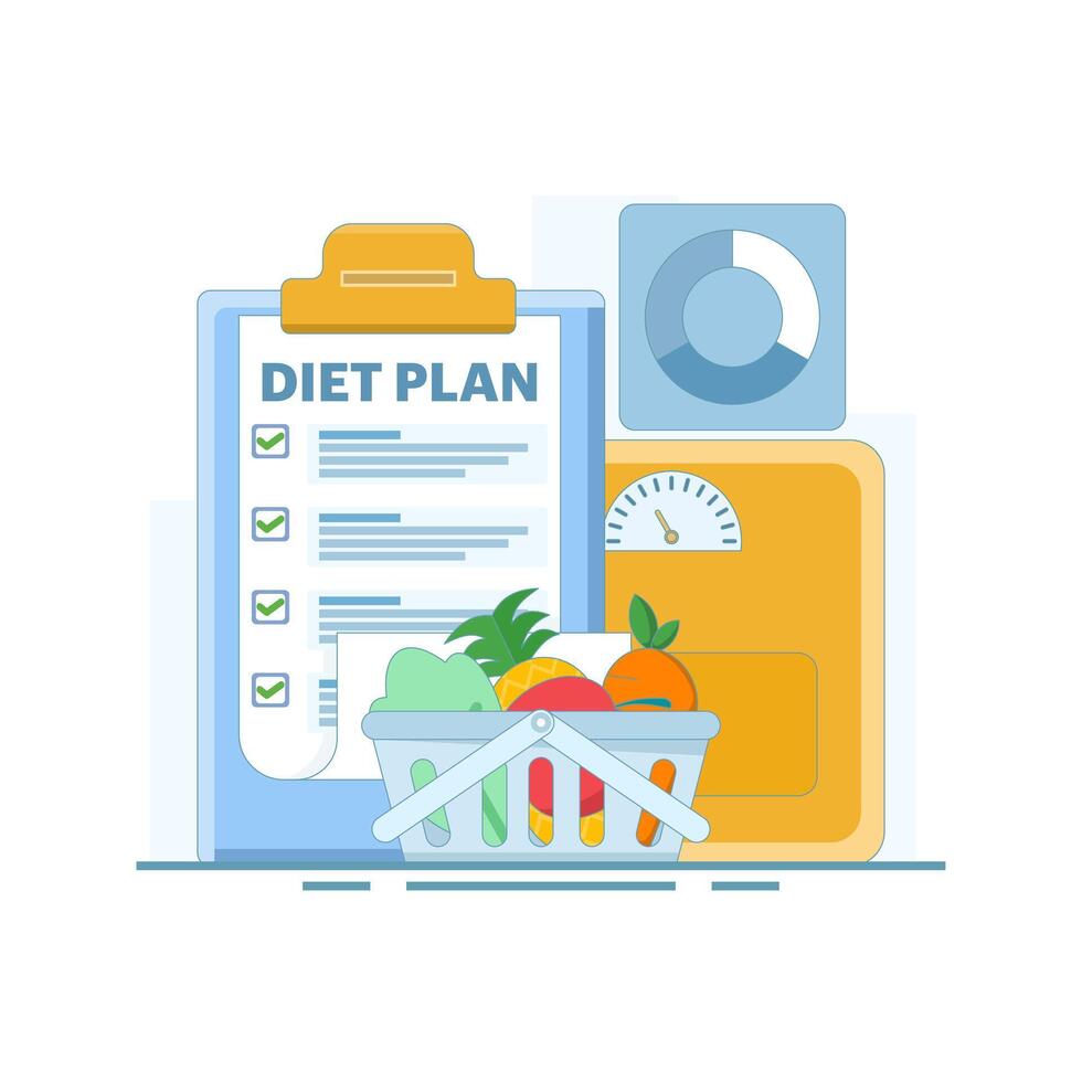 flat illustration of following a diet plan with healthy foods. featuring fruits and vegetables, symbolizing a healthy eating plan. healthy and regular spirit. improving health and nutrition. vector