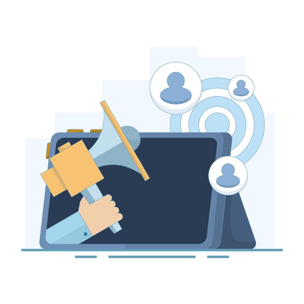 SMM scene concept. social media marketing. laptop used for working with SMM. community, , viral, social media, content, mobile and marketing. Flat design illustration in the background. vector