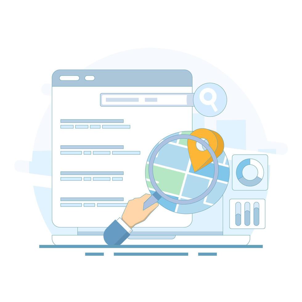 SEO Concept, Search Engine Optimization, Search Engine Result Page with Map for Business. Search Engine Map, Search Engine Displays Business Location in Search Results. Simple Illustration. vector