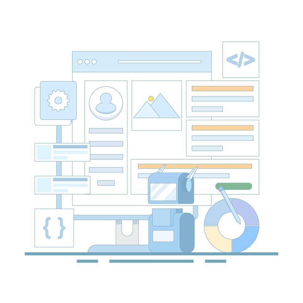 illustration of artificial intelligence building a website without code, website design and web development with artificial intelligence technology, AI website builder. flat illustration. vector
