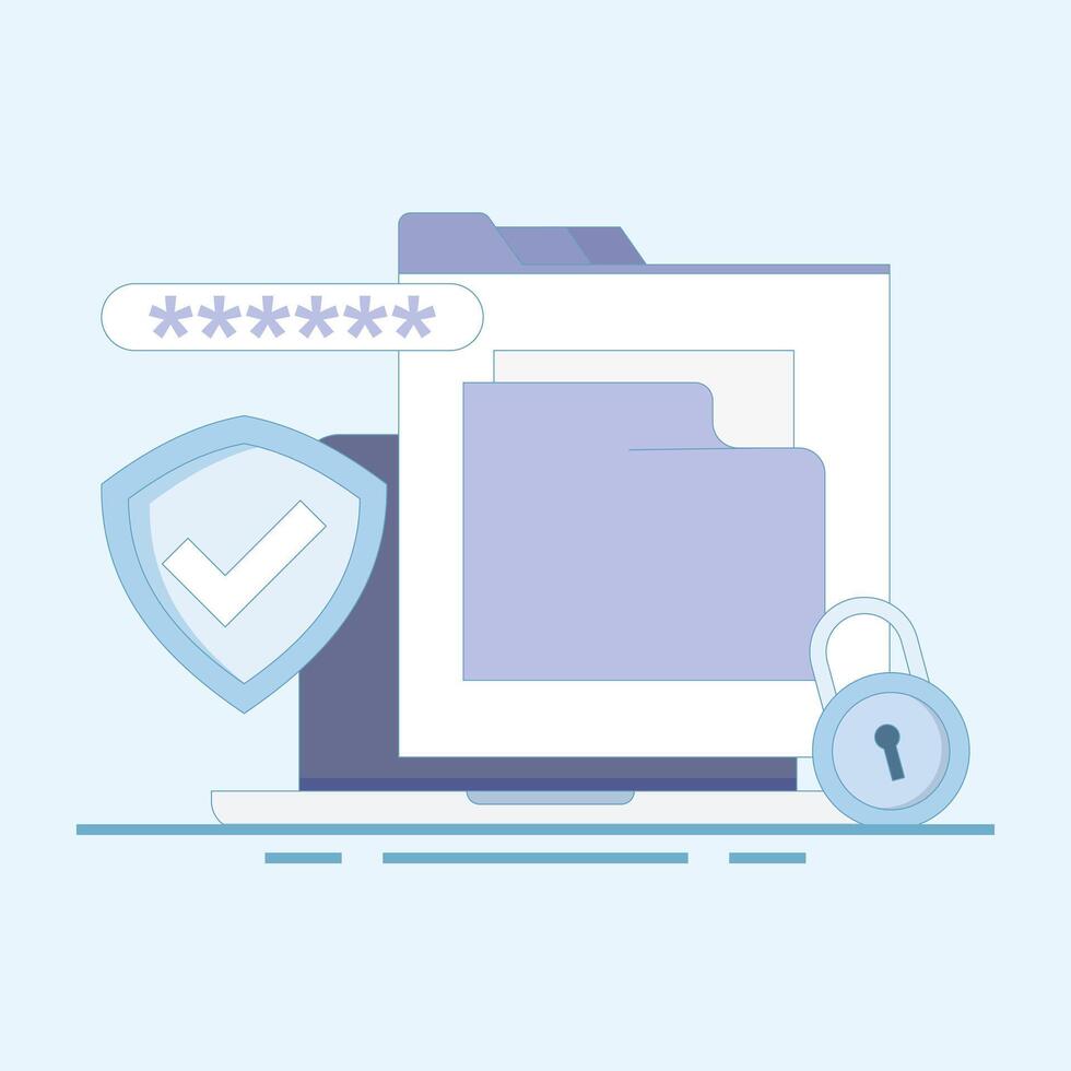 Illustration of locked file folder with password and fingerprint for privacy access. File security and safety. Folder lock app or software. Putting password on document. Simple flat design. vector