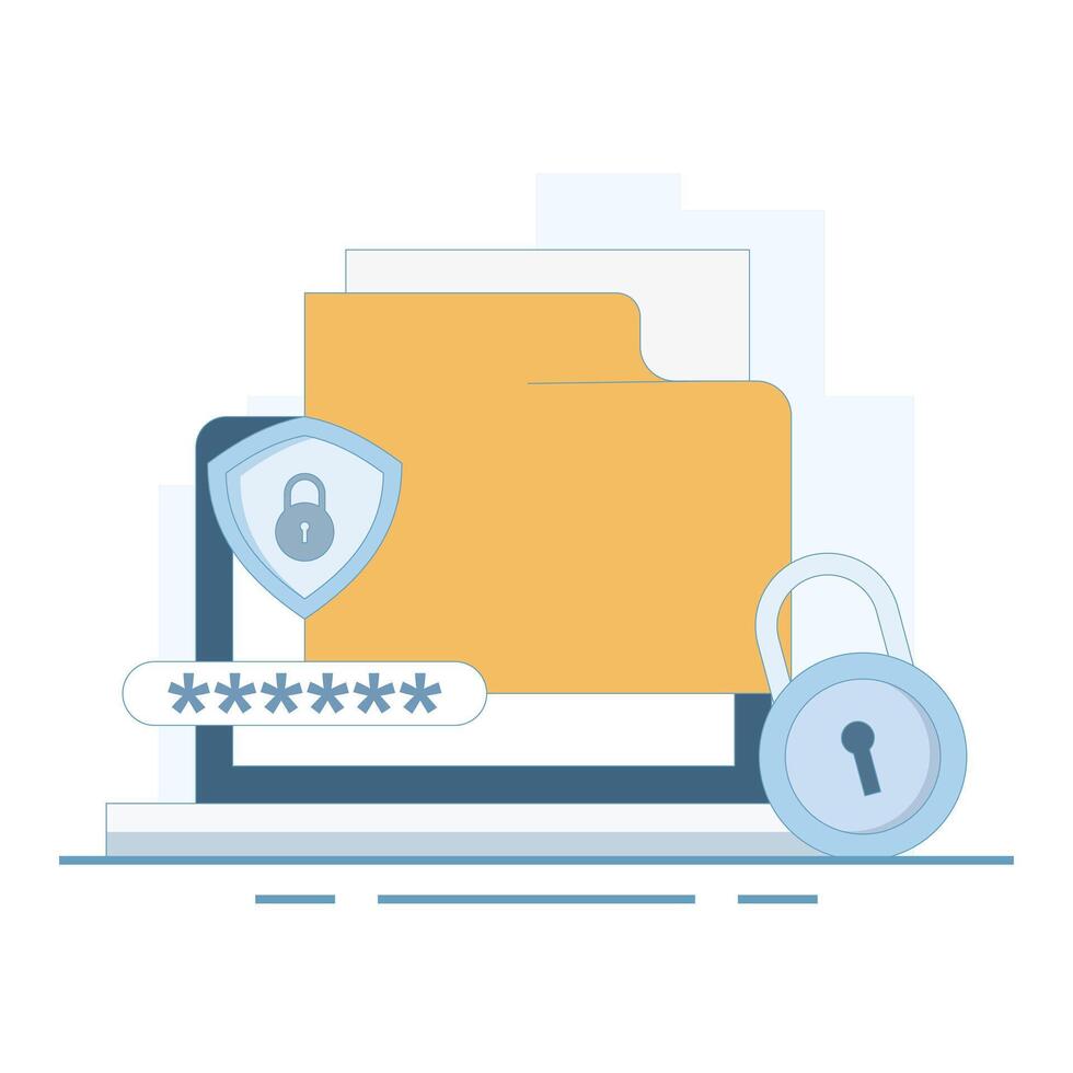 Illustration of locked file folder with password and fingerprint for privacy access. File security and safety. Folder lock app or software. Putting password on document. Flat style design. vector