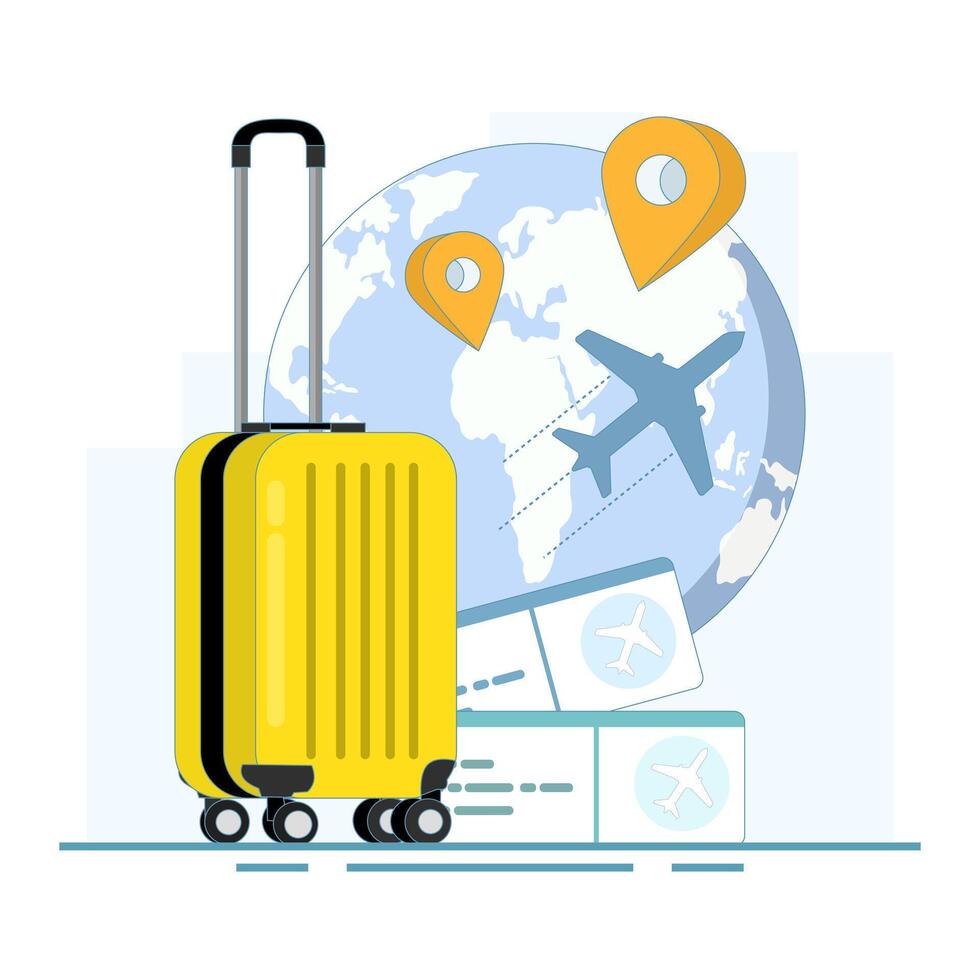 World Travel Adventure, Earth with Location Markers and Luggage. Traveling around the world by plane, vacation trip, travel to different countries. flat design illustration in the background. vector
