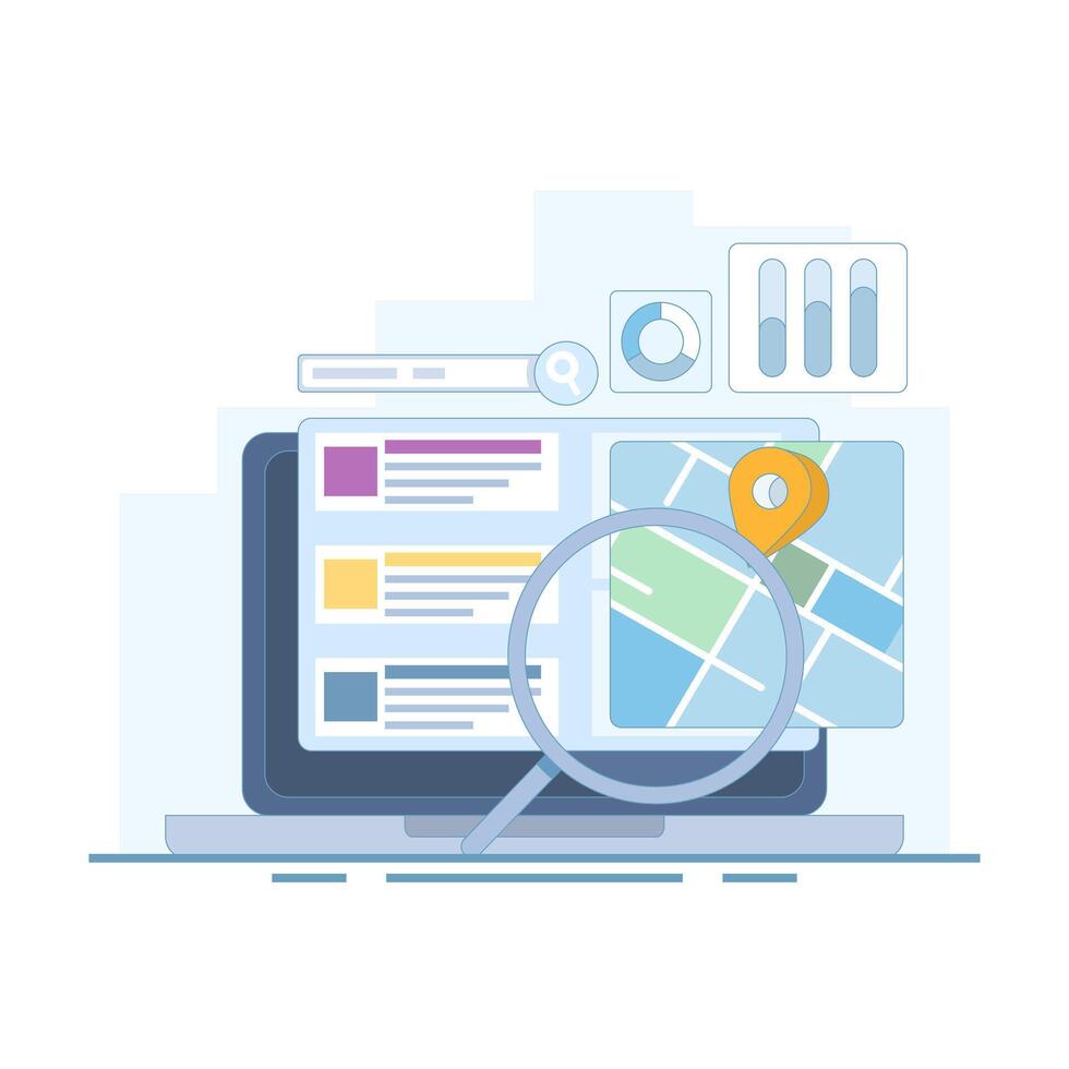SEO Concept, Search Engine Optimization, Search Engine Result Page with Map for Business. Search Engine Map, Search Engine Displays Business Location in Search Results. Design Illustration. vector