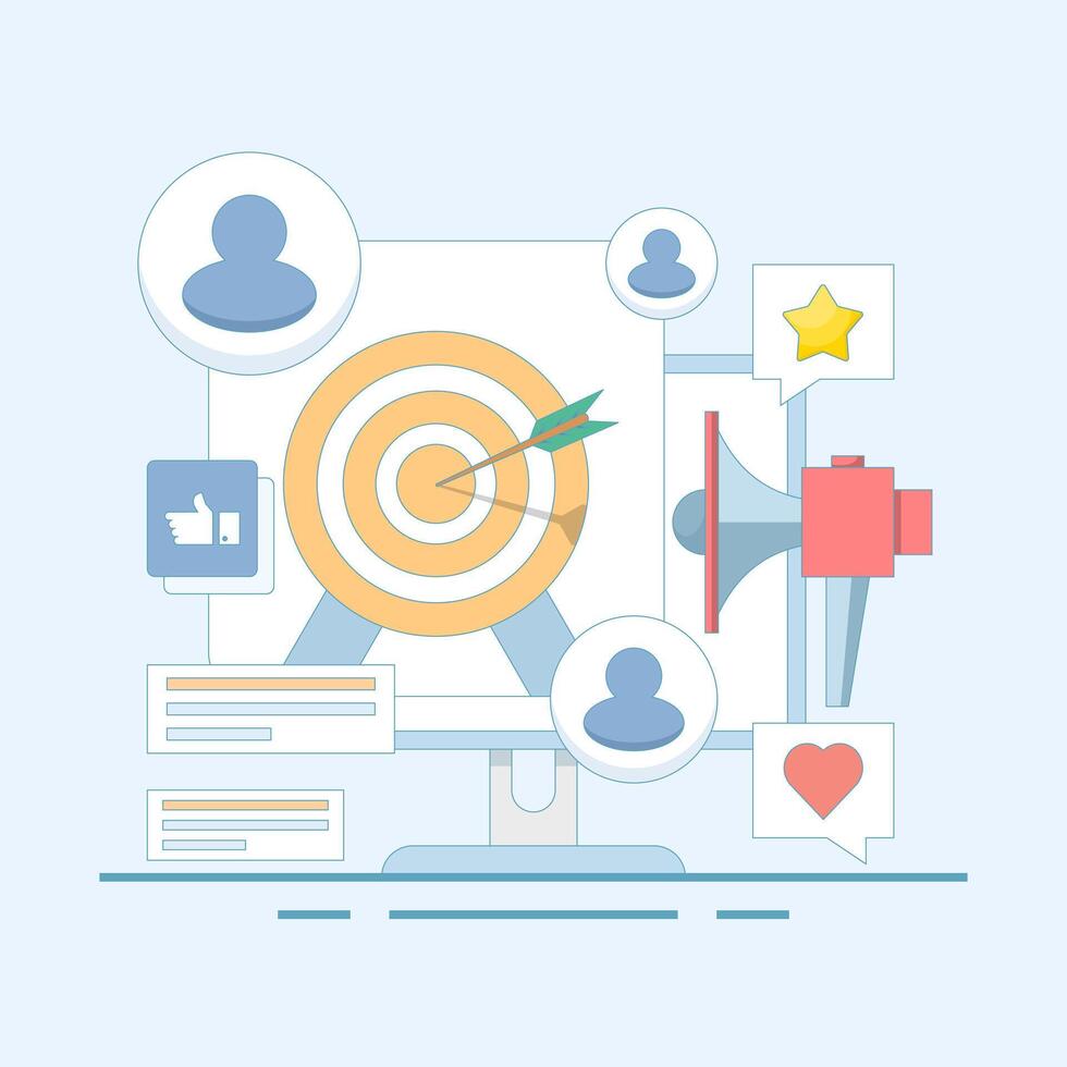 ad targeting concept. illustration about custom audience remarketing campaign, business and search ad targeting, social media. mobile marketing. flat design illustration. vector