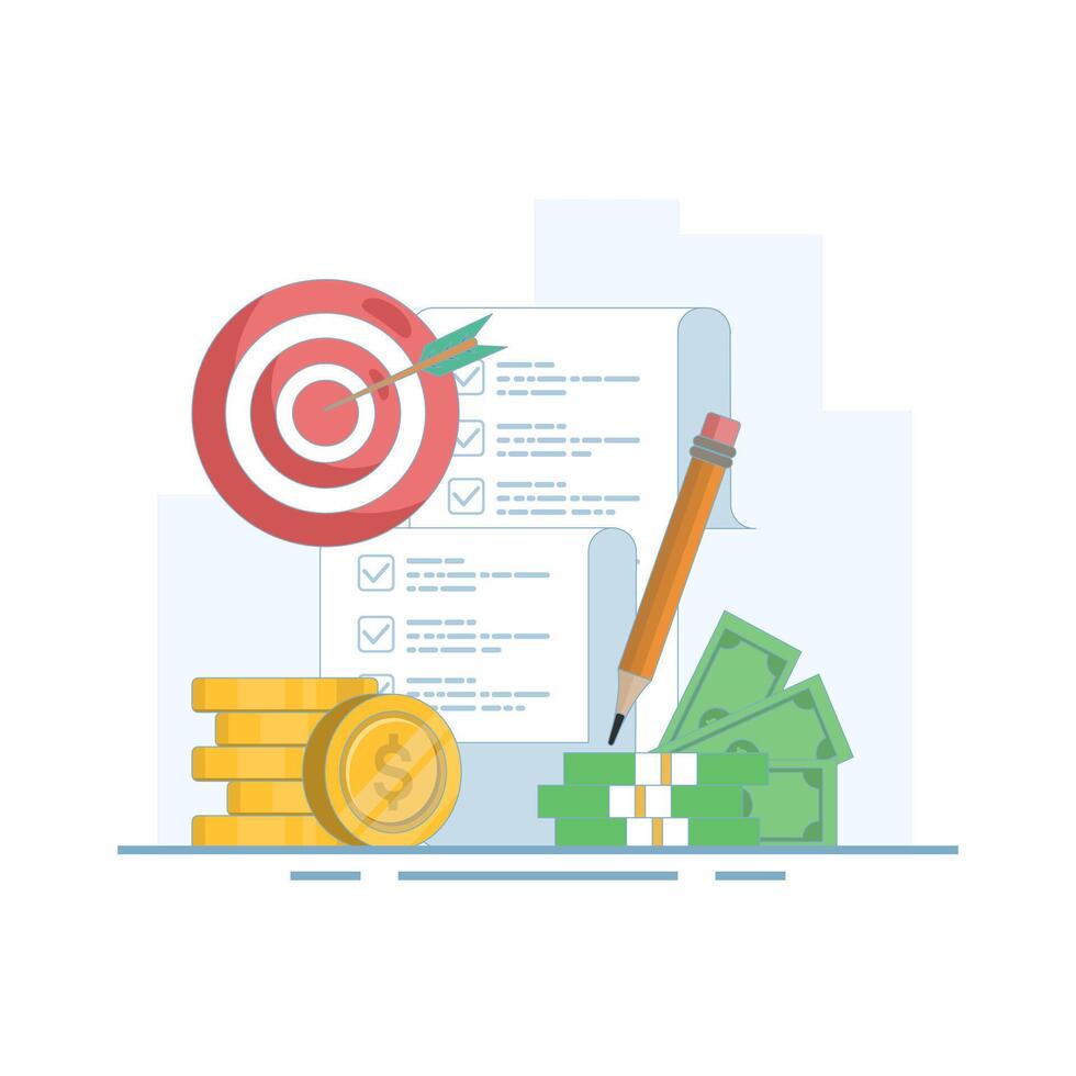 Goal Setting Concept. preparing for success to achieve targets, Setting financial targets with structured planning. setting goals, objectives, business goals and objectives, flat design illustration. vector