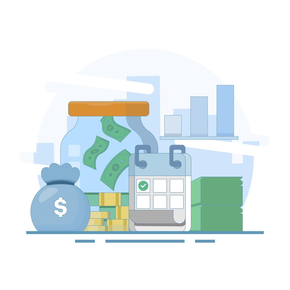 saving and investment concept. saving consistently. saving money. growth, investor, financial investment, dollar jar and calendar. saving regularly. flat cartoon design illustration in the background. vector