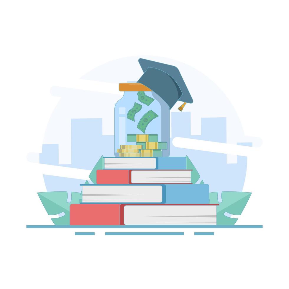 Education money budget concept. Investing money in education, university and college tuition fees. Money for education and knowledge. Financial education. Flat design illustration on vector