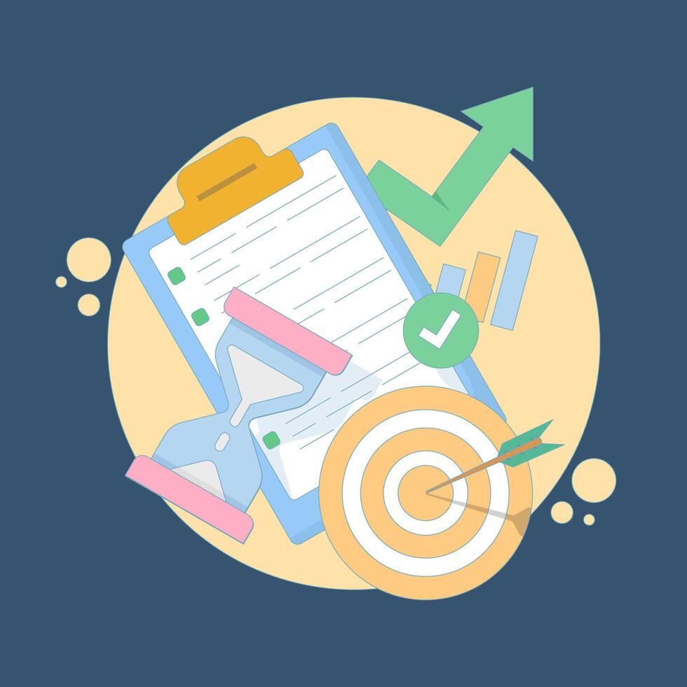 time management and development concept, target and goal achievement metaphor for productive work, self-control system development. Target and goal achievement metaphor. flat cartoon design. vector